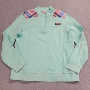 Vineyard Vines Long Sleeve 1/2 Zip Sweater Womens Medium Blue Pink Plaid‎ Fleece
